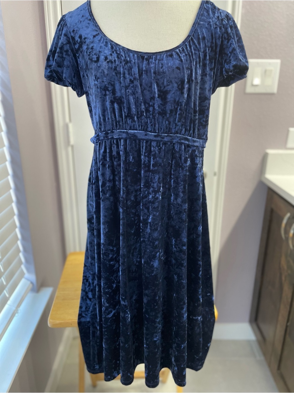 Style & Co. Navy Crushed Blue Velvet Midi Dress with Scoop Neck Y2K Babydoll